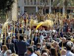 La imagen de 'la burrita' rodeada de palmas blancas durante el recorrido oficial de la procesi&oacute;n del Domingo de Ramos en Elche.