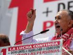 El secretario general de UGT, Pepe &Aacute;lvarez, pronuncia unas palabras en la Puerta del Sol, al t&eacute;rmino de la manifestaci&oacute;n central del Primero de Mayo