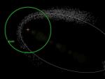 Ilustraci&oacute;n del enjambre de las T&aacute;uridas, incluyendo la posici&oacute;n de la Tierra (en verde) y un grupo denso de meteoroides, a la izquierda de la imagen.