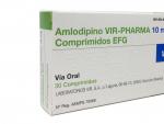 Caja del medicamento para la tensi&oacute;n Amlodipino Vir de 10 mg.
