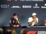 Hamilton, Verstappen y Vettel, durante la rueda de prensa posterior al GP de Hungr&iacute;a.