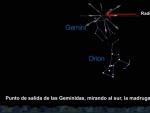 Mapa celeste para la observaci&oacute;n de la lluvia de meteoros de las Gem&iacute;nidas.