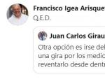 Tuit de Francisco Igea en respuesta a Juan Carlos Girauta.