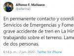 Tuit del presidente de la Junta a prop&oacute;sito del accidente de La Hiniesta (Zamora).