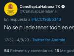 Respuesta del Consulado de Espa&ntilde;a en la Habana a la consulta v&iacute;a Twitter de un ciudadano.