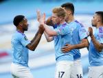 Los jugadores del Manchester City celebran un gol de Kevin de Bruyne