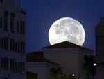 La Luna llena asoma por encima de los edificios en West Palm Beach (EE UU).