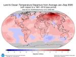 Anomal&iacute;as de temperatura en la superficie de la Tierra entre enero y septiembre de 2020.