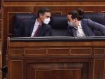 El presidente del Gobierno, Pedro S&aacute;nchez, y el vicepresidente segundo del Gobierno, Pablo Iglesias, este jueves en el Congreso de los Diputados.