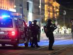 Fuerzas especiales de la Polic&iacute;a austriaca interrogan a un civil en Viena, tras los ataques terroristas ocurridos cerca de la sinagoga Stadttempel, en la capital de Austria.