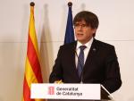 El expresidente de la Generalitat, Carles Puigdemont, durante una comparecencia en la Casa de la Generalitat de Perpiny&agrave;.
