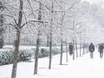 Varias personas pasean por el conocido Parque del Retiro en Madrid, que ha quedado cubierto de blanco por la intensa nevada.