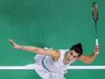 Carolina Marin of Spain hits a smash and will try to target a third title in a row in Bangkok after she beat Pornpawee chochuwong from Thailand in the semi final of the HSBC BWF World Tour Finals on Saturday. Carolina Marin won 21-13 - 21-1