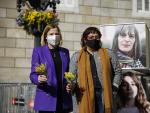 (I-D) La expresidenta del Parlament, Carme Forcadell, y la exconsellera Dolors Bassa, durante un acto electoral sobre feminismo en la plaza Sant Jaume de Barcelona, Catalunya (Espa&ntilde;a) a 3 de febrero de 2021.