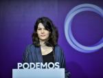 La portavoz de Podemos, Isa Serra, interviene en una rueda de prensa en la sede del partido para valorar la actualidad pol&iacute;tica.