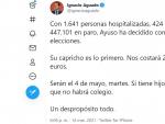El tweet de Ignacio Aguado sobre la decisi&oacute;n de Ayuso de convocar elecciones.