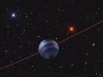 Ilustraci&oacute;n del sistema planetario COCONUTS-2, con el planeta gigante gaseoso COCONUTS-2b en primer plano.