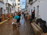 Varios vecinos y efectivos de protecci&oacute;n civil trabajan en las labores de limpieza de Alcanar (Tarragona).