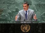 El presidente del Gobierno, Pedro S&aacute;nchez, durante su discurso ante la 79 sesi&oacute;n de la Asamblea General de la ONU, en Nueva York.