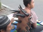 Un hombre coloca cuernos de b&uacute;falo en la superficie de la piel del paciente en Yakarta.