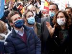 El presidente del PP, Pablo Casado, y la presidenta de la Comunidad de Madrid, Isabel Díaz Ayuso, durante la manifestación de los agentes contra la reforma de la 'ley mordaza', a la que han acudido por separado.