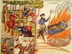 Imagen de un encuentro diab&oacute;lico tal y como lo describen las tres mujeres acusadas de brujer&iacute;a, que son quemadas en la hoguera. Wickiana, Johann Jakob Wick, 1577. Fuente: Zentralbibliothek Z&uuml;rich