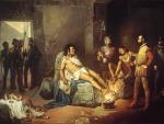 La Tortura de Cuauht&eacute;moc de Leandro Izaguirre, pintura oscurantista del siglo xix.