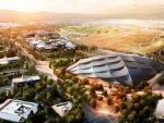 Infograf&iacute;a de la futura sede de Google en Mountain View, ya en construcci&oacute;n, cuya c&uacute;pula lleva el vidrio de la empresa espa&ntilde;ola.