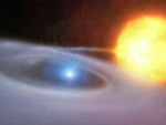 Concepci&oacute;n art&iacute;stica de un sistema estelar donde una enana blanca (izquierda) roba gas a su estrella compa&ntilde;era/ M.Kornmesser (ESO).