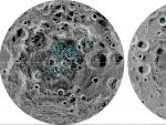 La imagen muestra la distribuci&oacute;n del hielo superficial en el polo sur (izquierda) y el polo norte (derecha) de la Luna.
