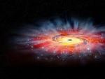 Ilustraci&oacute;n de Sagitario A*, donde el disco rojo representa el gas atrapado por el agujero negro.