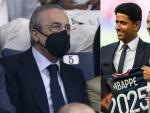 Florentino P&eacute;rez y Nasser Al-Khelaifi con Mbapp&eacute;