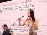 La presidenta de Ciudadanos (Cs), In&eacute;s Arrimadas, interviene este lunes en Sevilla en un encuentro informativo organizado por Europa Press Andaluc&iacute;a en colaboraci&oacute;n con la Fundaci&oacute;n Cajasol dentro del ciclo 'Andaluc&iacute;a Vota'