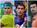 Rafa Nadal, Carlos Alcaraz y Novak Djokovic.