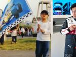 Guanyu Zhou, de peque&ntilde;o con una bandera de Fernando Alonso y con el equipo Alfa Romeo