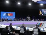 El presidente de Ucrania, Vololodimir Zelenski, interviene por videoconferencia en la cumbre de la OTAN de Madrid.