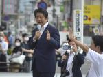 El ex primer ministro japon&eacute;s, Shinzo Abe, en un momento de su discurso durante el mitin en la ciudad de Nara, donde fue tiroteo.