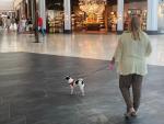 Una mujer paseando a su perro en un centro comercial.