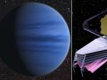 A la izquierda de la imagen, el exoplaneta WASP-39b.