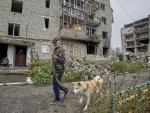 Un hombre camina junto a su perro frente a la fachada de un edificio derruido en izyum.