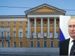 Imagen de la fachada de la Universidad Nacional de Investigaci&oacute;n 'Escuela Superior de Econom&iacute;a' de Mosc&uacute;, con la imagen de Putin insertada.