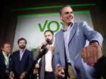 El candidato de VOX a la alcald&iacute;a de Madrid, Javier Ortega Smith y el presidente del partido, Santiago Abascal, declaran tras conocer los resultados de las elecciones de 2019.