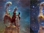 Los Pilares de la Creaci&oacute;n capturados por el Hubble a la izquierda y por el Webb a la derecha.