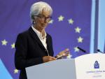 La presidenta del BCE, Christinte Lagarde, en la rueda de prensa posterior a la subida de tipos de 0,75 puntos.