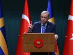 El presidente turco, Recep Tayyip Erdogan, durante una rueda de prensa en el palacio presidencial en Ankara, Turqu&iacute;a.