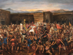 Oleo de Juan B. Lepiani que muestra captura de Atahualpa en Cajamarca, en la conquista espa&ntilde;ola del imperio inca en 1532. Es obra de Juan Lepiani (1920-1927).