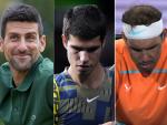 Novak Djokovic, Carlos Alcaraz y Rafa Nadal, en im&aacute;genes de archivo.