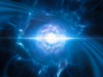 Representaci&oacute;n art&iacute;stica de dos estrellas de neutrones que se fusionan y explotan como una kilonova.