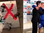 La placa de Griezmann vandalizada; y el Cholo Simeone besando al franc&eacute;s tras la goleada al Sevilla.