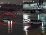 Lluvias torrenciales provocan grandes inundaciones en un aeropuerto con veh&iacute;culos sumergidos en la pista